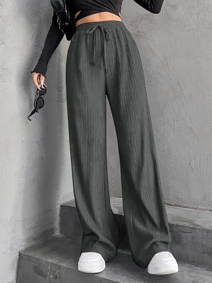 New Women's Elastic Waist Pinstripe Road Straight Wide Leg