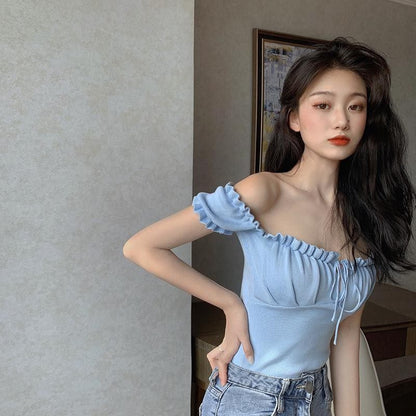 Women's Fashion Chic Collarbone Off-shoulder Design Drawstring Short Sleeve