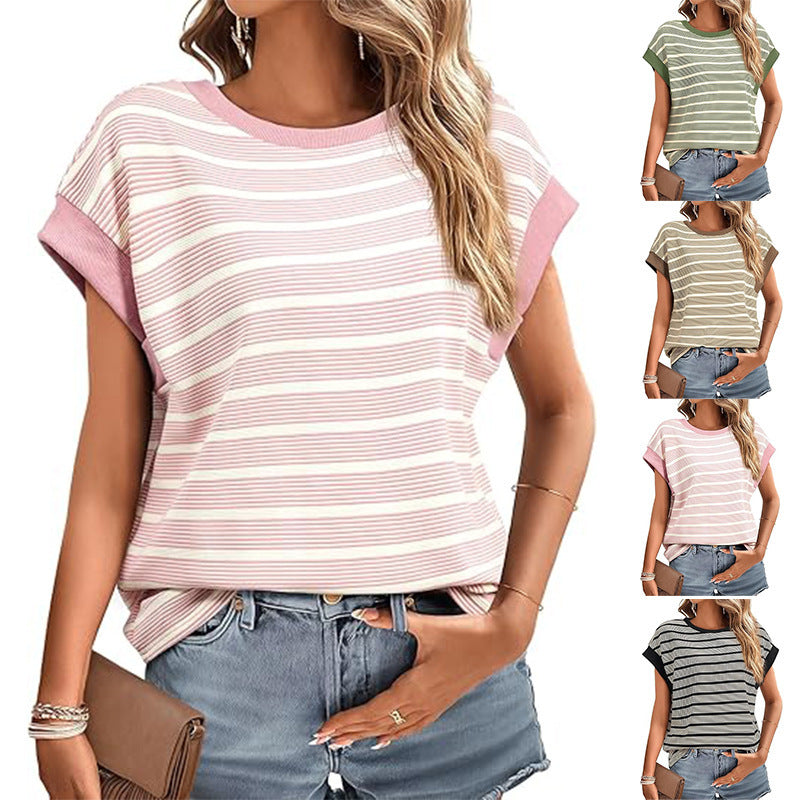 Women's Clothing Stylish Loose Round Neck Stripe Knitted T-shirt
