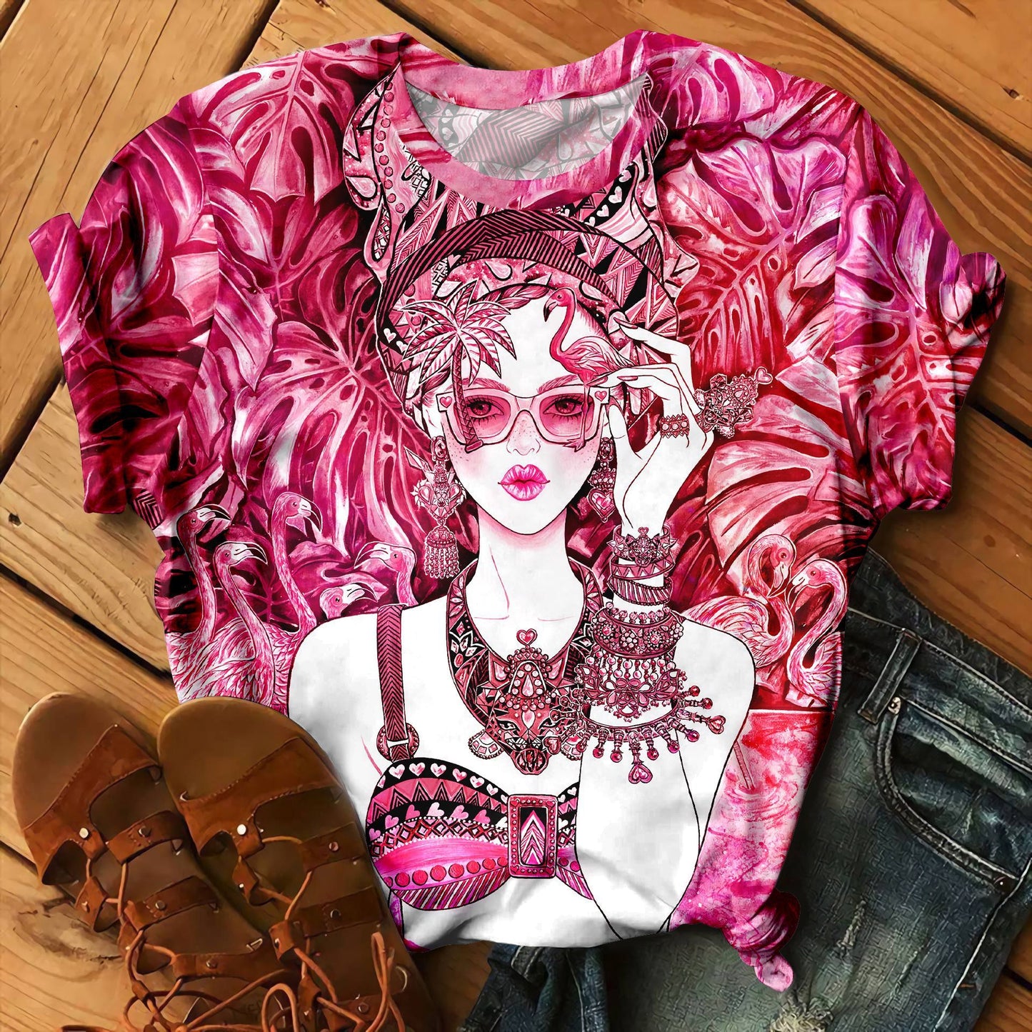 Exquisite Pattern 3D Digital Printed Round Neck Short Sleeve