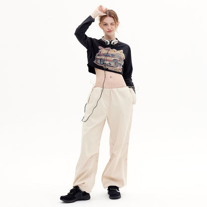 Retro Distressed Printed Short Sleeve Round Neck Shoulder Width Loose