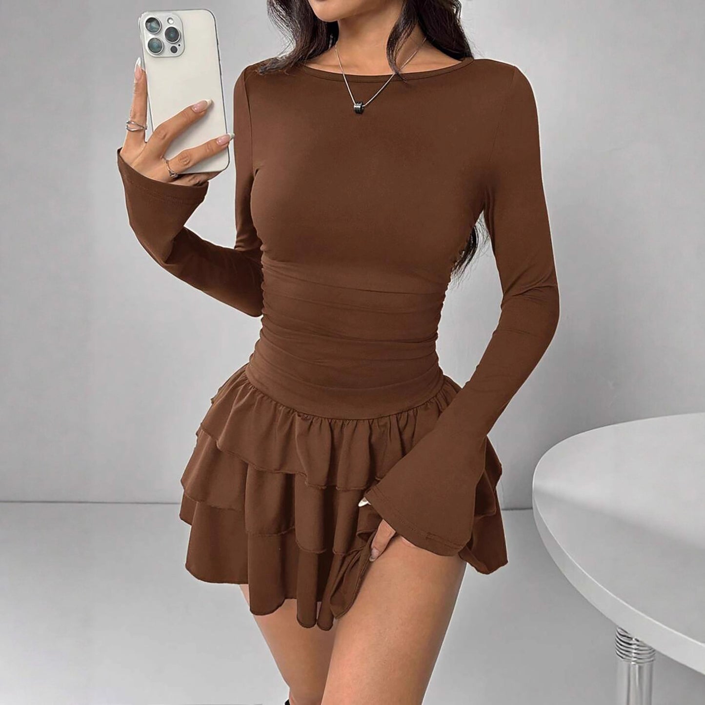 Autumn And Winter Solid Color Slim Fit Slimming Temperament Long Sleeve Dress