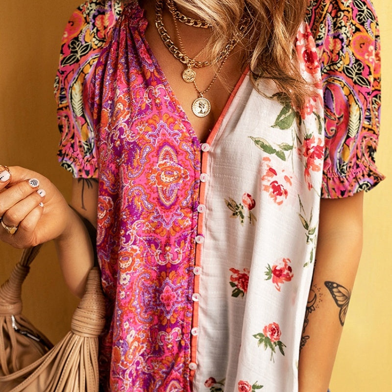Fashion Floral Printed V-neck Single-breasted Shirt