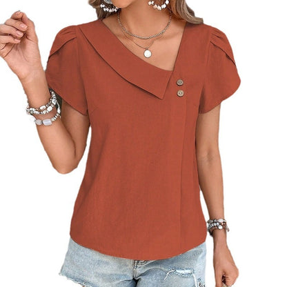 Small Diagonal Collar Solid Color Washed Cotton Top