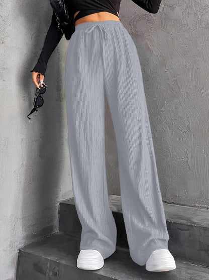 New Women's Elastic Waist Pinstripe Road Straight Wide Leg