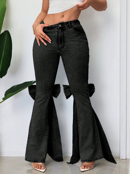 Three-dimensional Bow Slim-fit Mid-stretch Mop Horn Denim Trousers
