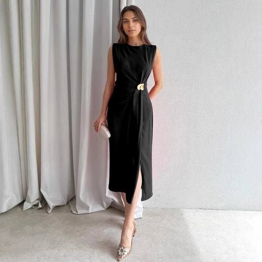 Women's Pleated Ornament Split Sleeveless Casual Solid Color Fashion Long Dress