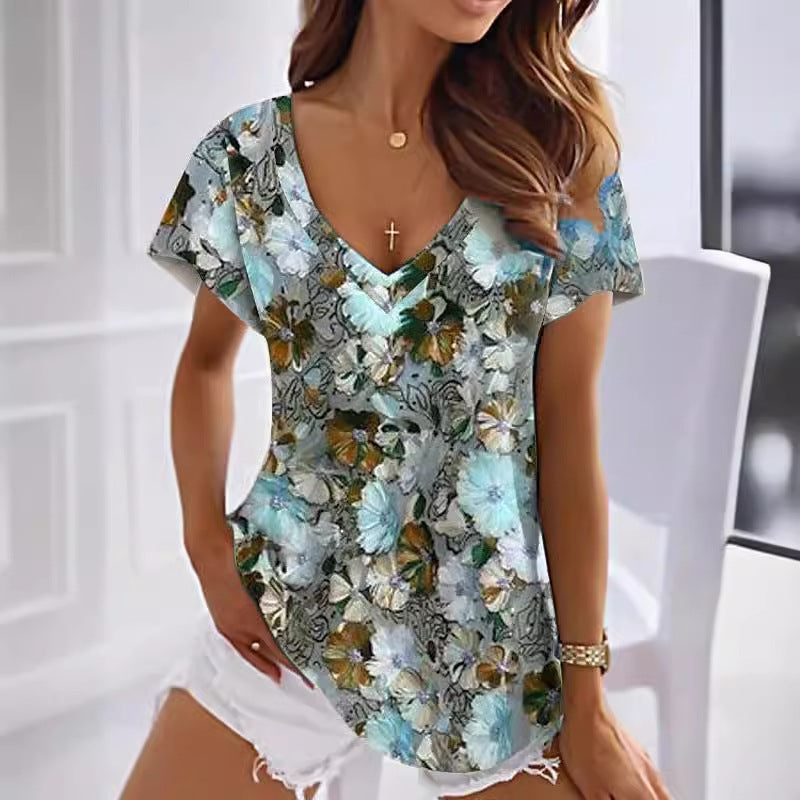 Women's T-shirt Floral Pink Blue Purple Printed Short Sleeve Holiday Weekend Tunic V-neck Regular Style