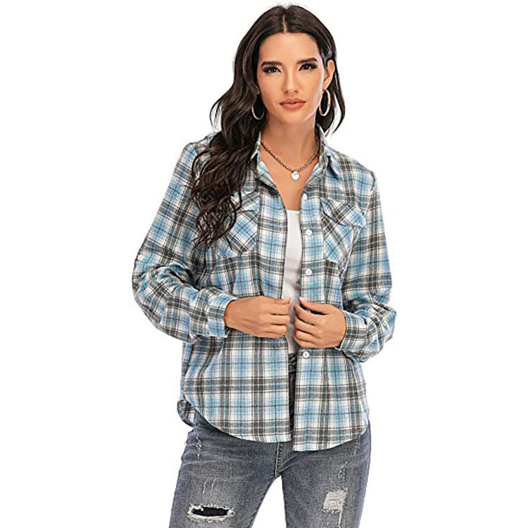 European And American Retro Plaid Women's Clothing All-matching Lapel Long Sleeve Shirt Coat