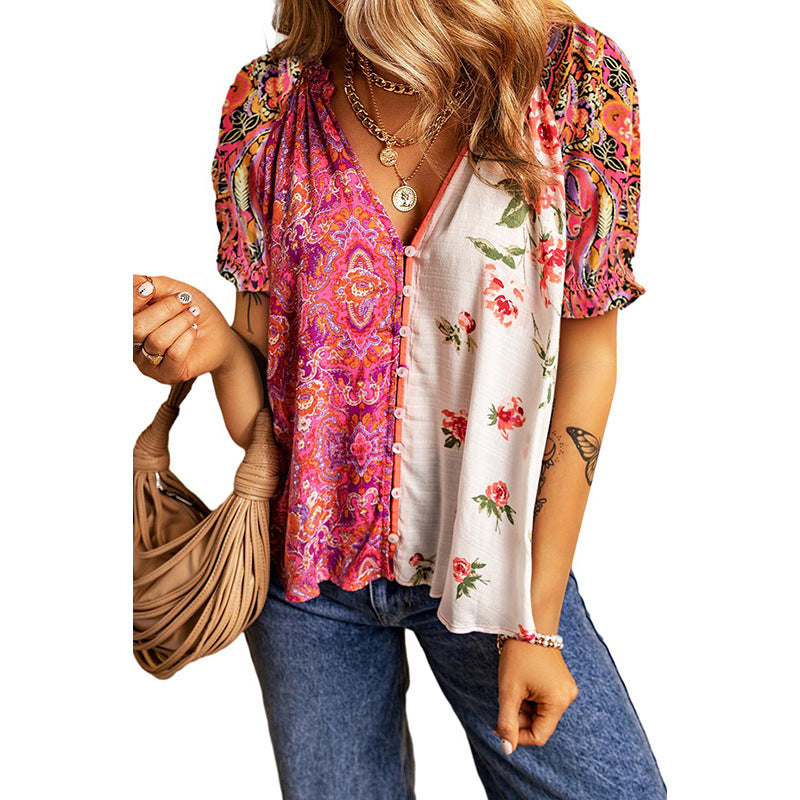 Fashion Floral Printed V-neck Single-breasted Shirt