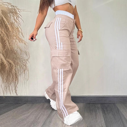 Partial Contrast Color Double Waist Leisure Sports Ribbon Wide-leg Overalls