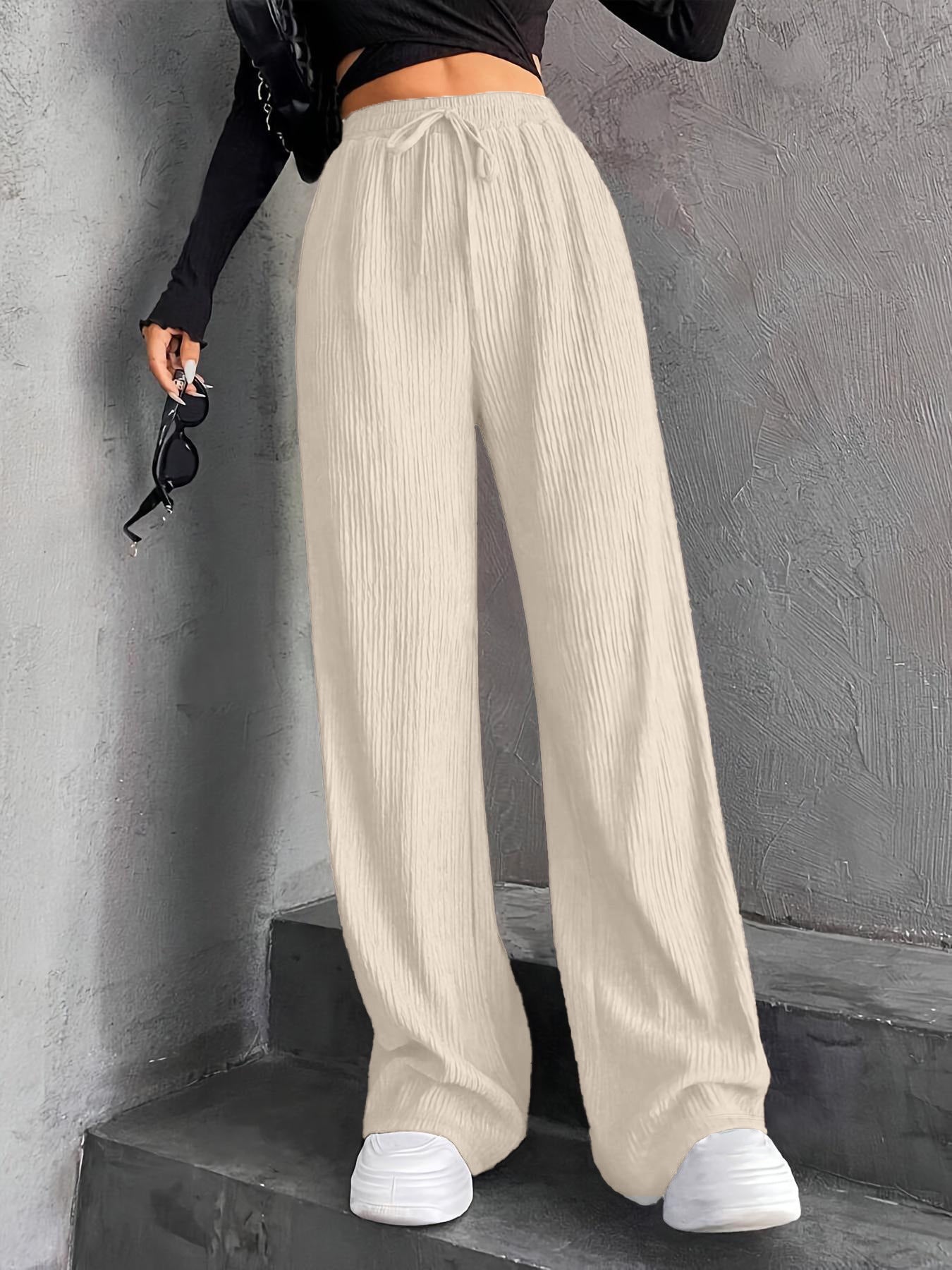 New Women's Elastic Waist Pinstripe Road Straight Wide Leg