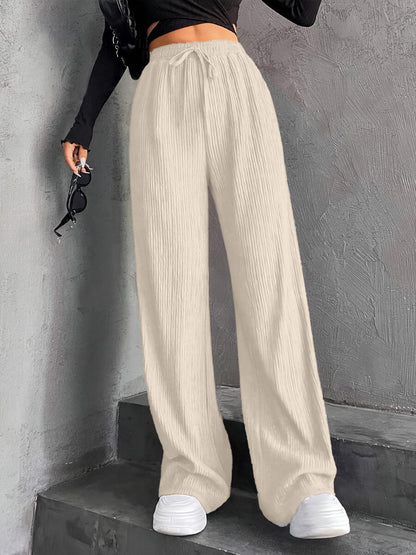 New Women's Elastic Waist Pinstripe Road Straight Wide Leg