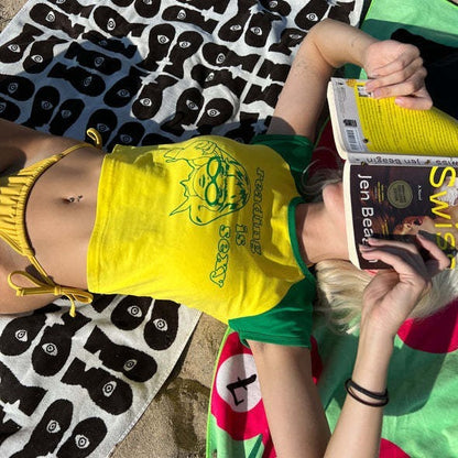 Contrast Color Round Neck Letter Print Slim Fit Short Slimming Navel-exposed Casual Top