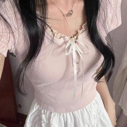 Women's Summer Sweet Bow Lace Short-sleeved Top T-shirt