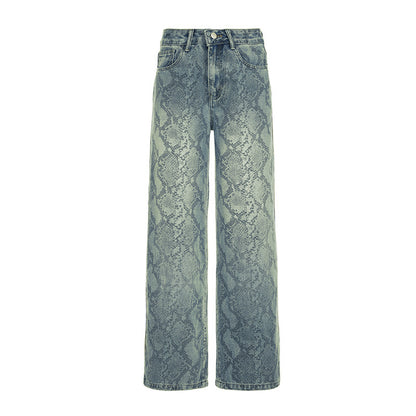 Women's American Style Spliced Snake Pattern Straight Leg Jeans