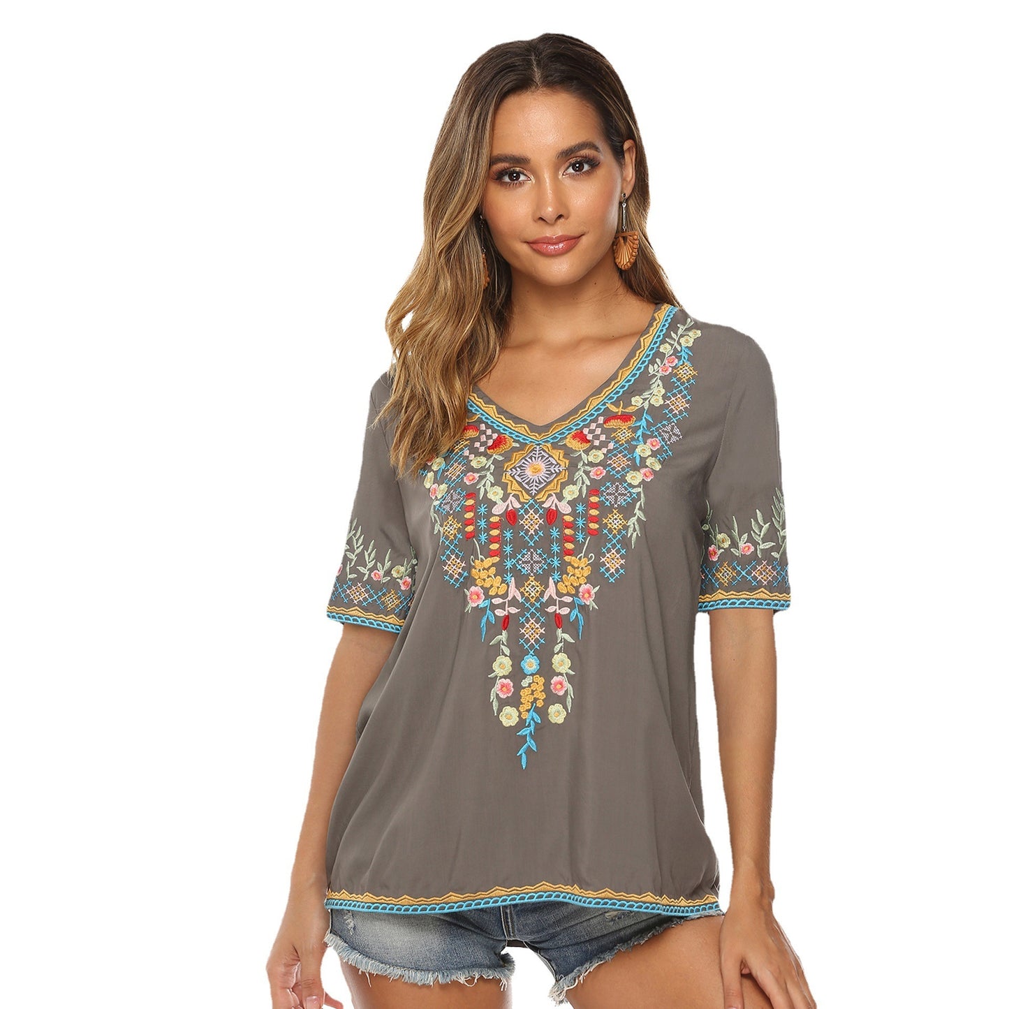 European And American Embroidered V-neck Top