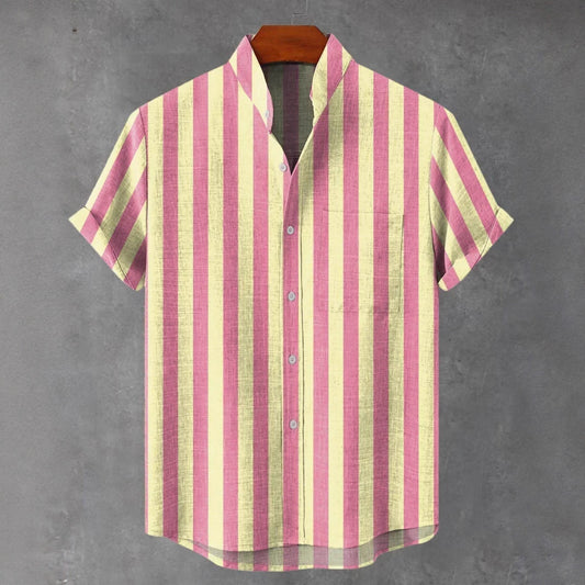 Men's Stand Collar Contrast Color Striped Casual Cool Versatile Short Sleeve