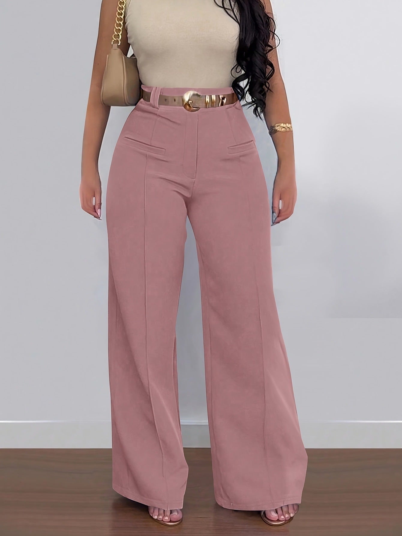 Women's Casual Solid Color Wide Leg Pants Polyester Fabric