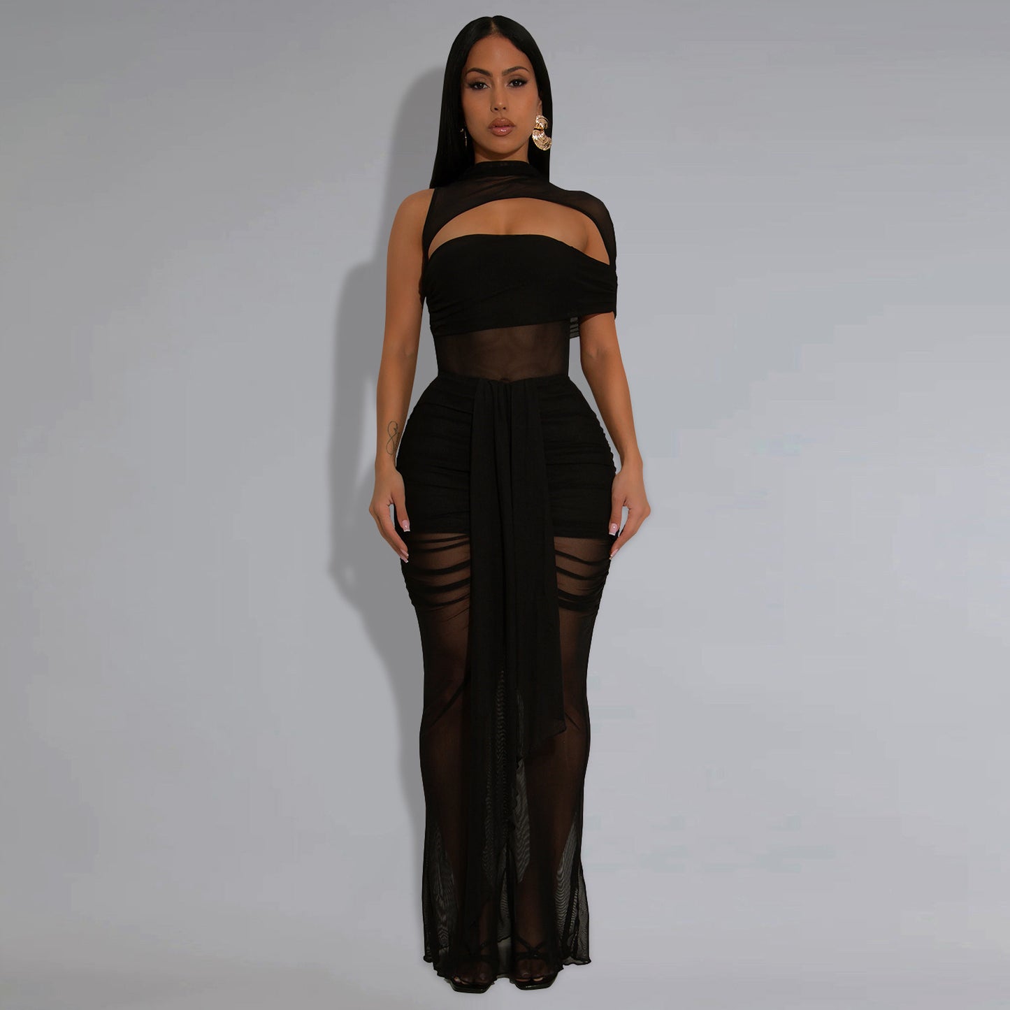 Women's Wear Sexy Transparent Mesh Arm Covering Dress