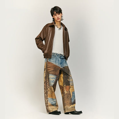Vintage Patch Digital Printing Jeans Pure Cotton Casual Pants