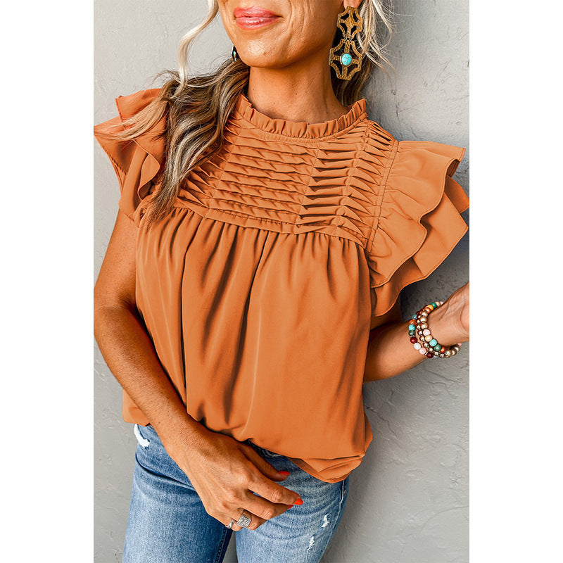 Fashion Pleated Stand Collar Pullover Leisure Pure Color Ruffles Three Quarter Sleeve