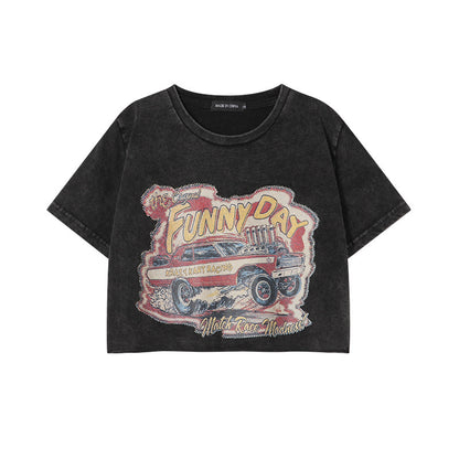 Retro Distressed Printed Short Sleeve Round Neck Shoulder Width Loose