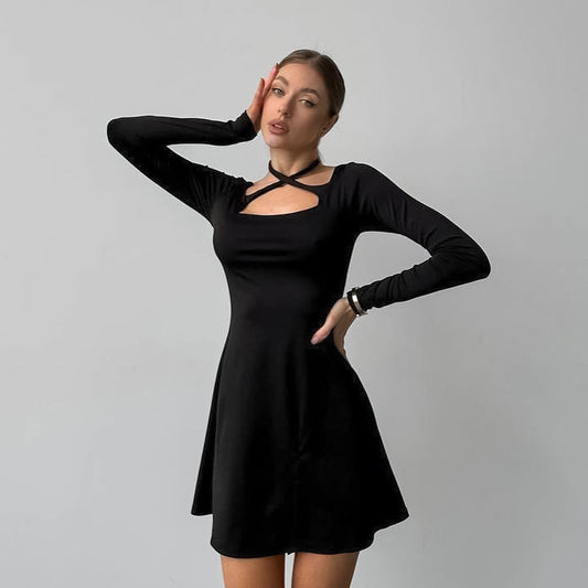 Women's Slim-fit Slimming Knitted Square Collar Design Lace-up Dress