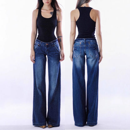 American-style Retro Low Waist Washed Straight Jeans