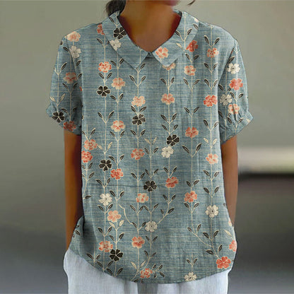 Women's Floral Stitching National Style Printing Lapel Short Sleeve