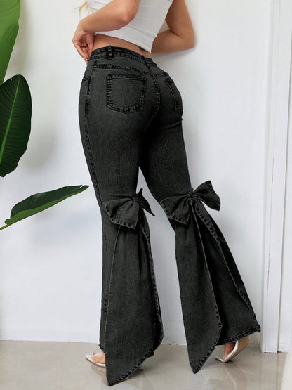 Three-dimensional Bow Slim-fit Mid-stretch Mop Horn Denim Trousers