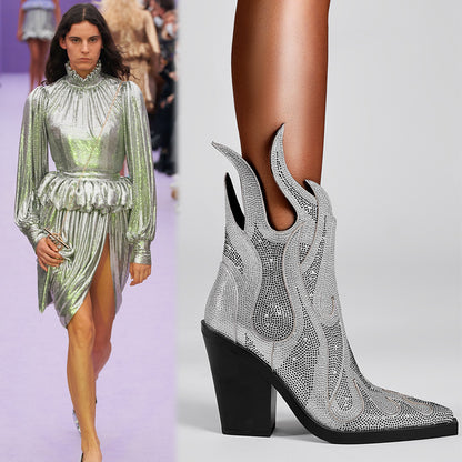 New Sexy Square Toe Chunky Heel Rhinestone Flame Martin Boots