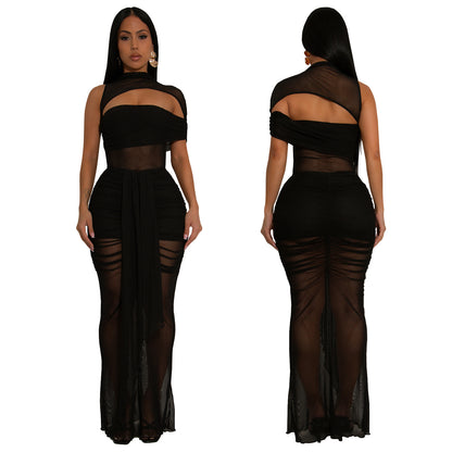 Women's Wear Sexy Transparent Mesh Arm Covering Dress