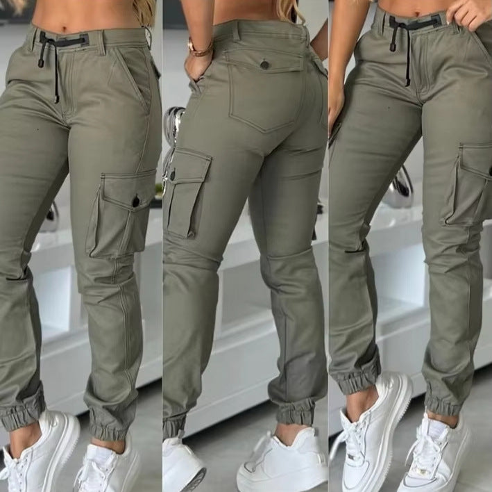 Europe And America Cross Border Fashion Work Clothes Multi-pocket Army Green Ankle-tied Casual Slim Trousers