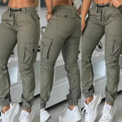 Europe And America Cross Border Fashion Work Clothes Multi-pocket Army Green Ankle-tied Casual Slim Trousers
