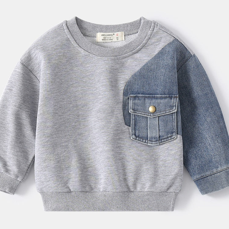 Boys' Denim Knitted Sleeve Loose Sweater