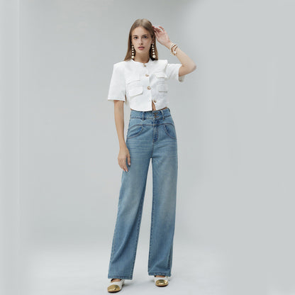 Retro Style High Waist Distressed Wide Leg Mop Pants Women