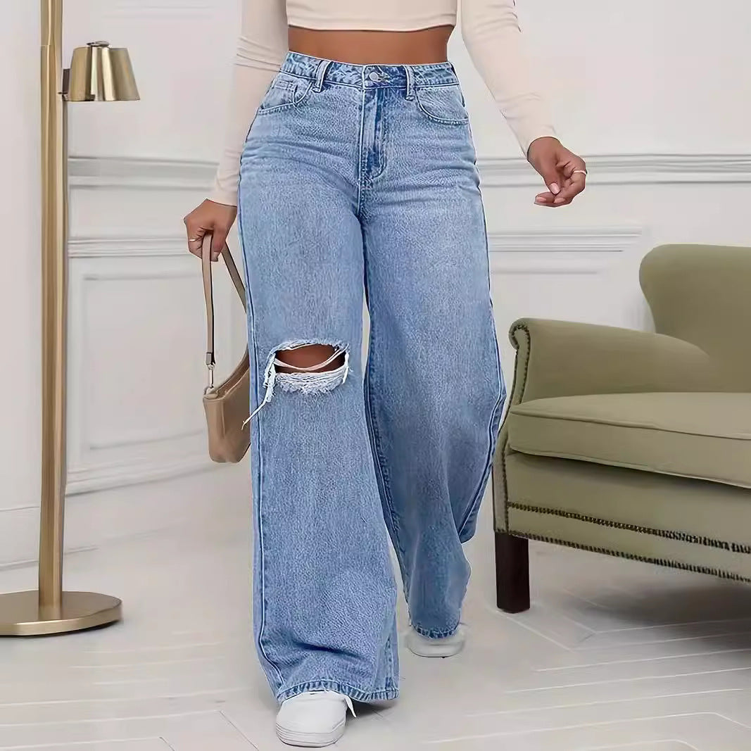 Women's Ripped Wide-legged Jeans