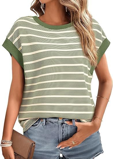 Women's Clothing Stylish Loose Round Neck Stripe Knitted T-shirt