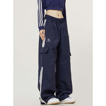 Retro Side Striped Overalls Women's Straight Casual Pants