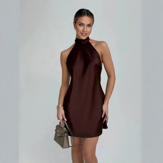 Women's Sleeveless Dress Satin Halter Mid-length