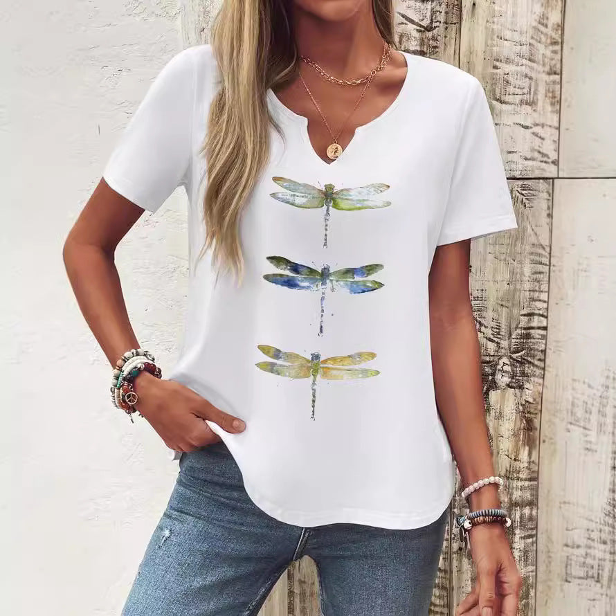 New V-neck Female Animal Print Casual All-match Short-sleeved Top