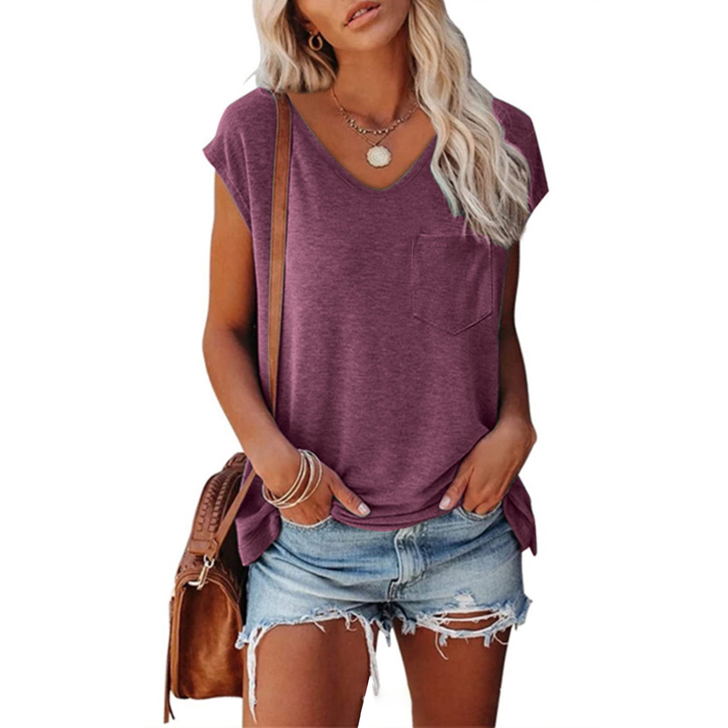 Women's Solid Color Vest Pocket V-neck Short-sleeved T-shirt With Shoulder