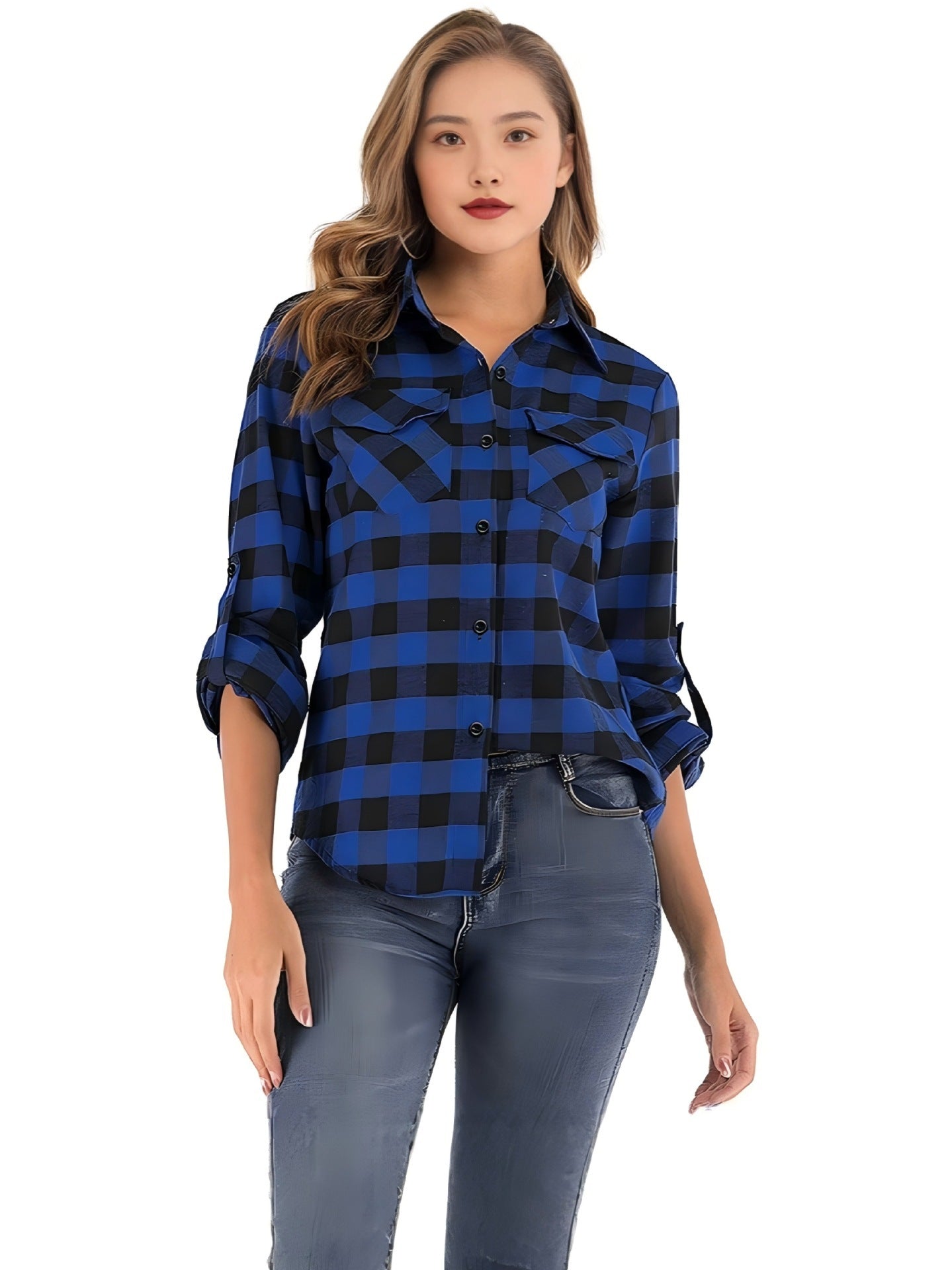 European And American Retro Plaid Women's Clothing All-matching Lapel Long Sleeve Shirt Coat
