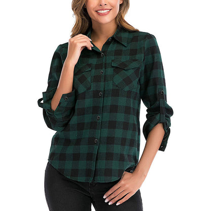 European And American Retro Plaid Women's Clothing All-matching Lapel Long Sleeve Shirt Coat