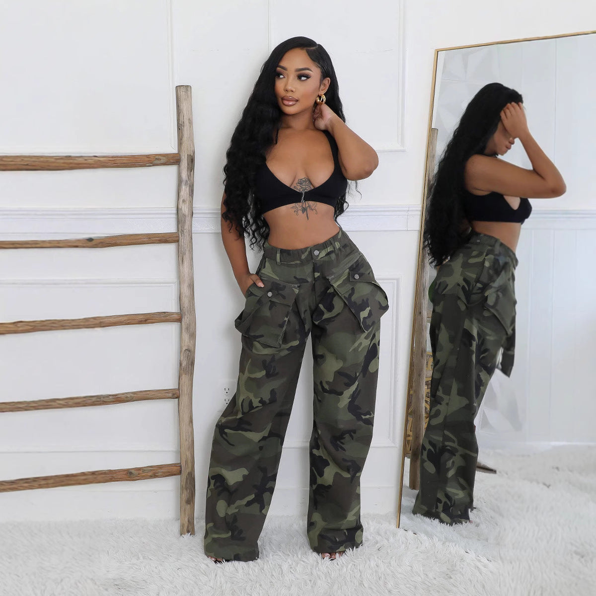Camouflage Multi-pocket Loose Zip Overalls