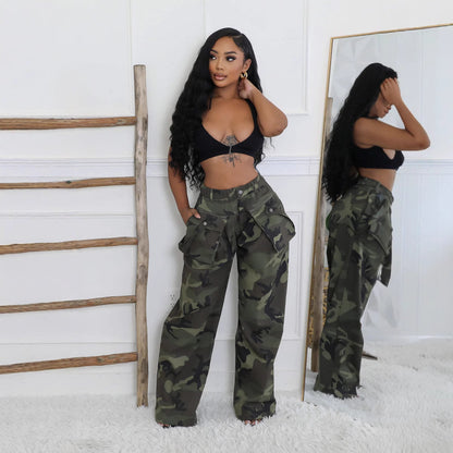 Camouflage Multi-pocket Loose Zip Overalls