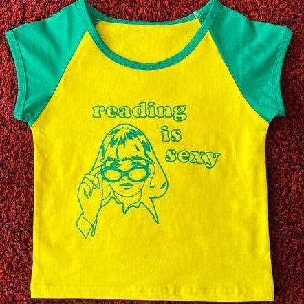 Contrast Color Round Neck Letter Print Slim Fit Short Slimming Navel-exposed Casual Top