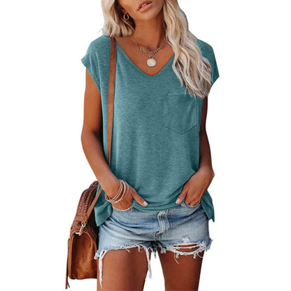 Women's Solid Color Vest Pocket V-neck Short-sleeved T-shirt With Shoulder