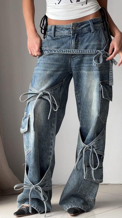 Denim Utility Jeans With Knot - Tied Elements